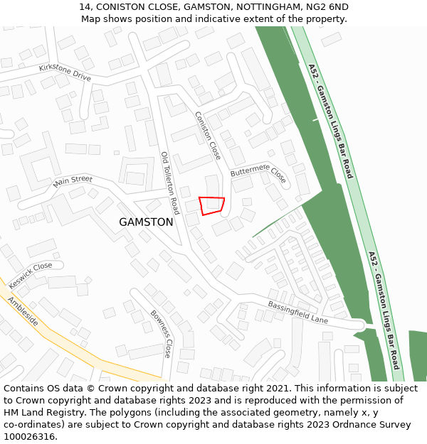 14, CONISTON CLOSE, GAMSTON, NOTTINGHAM, NG2 6ND: Location map and indicative extent of plot