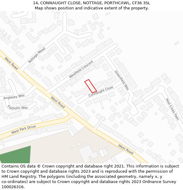 14, CONNAUGHT CLOSE, NOTTAGE, PORTHCAWL, CF36 3SL: Location map and indicative extent of plot