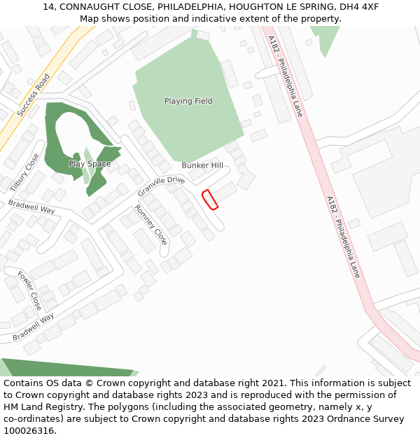 14, CONNAUGHT CLOSE, PHILADELPHIA, HOUGHTON LE SPRING, DH4 4XF: Location map and indicative extent of plot