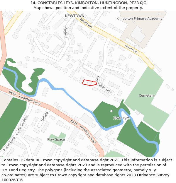 14, CONSTABLES LEYS, KIMBOLTON, HUNTINGDON, PE28 0JG: Location map and indicative extent of plot