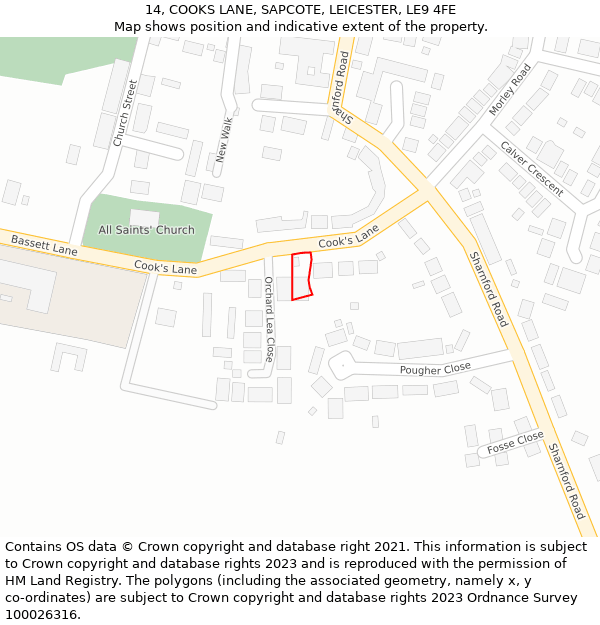 14, COOKS LANE, SAPCOTE, LEICESTER, LE9 4FE: Location map and indicative extent of plot