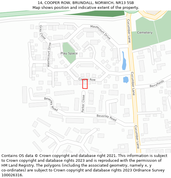 14, COOPER ROW, BRUNDALL, NORWICH, NR13 5SB: Location map and indicative extent of plot