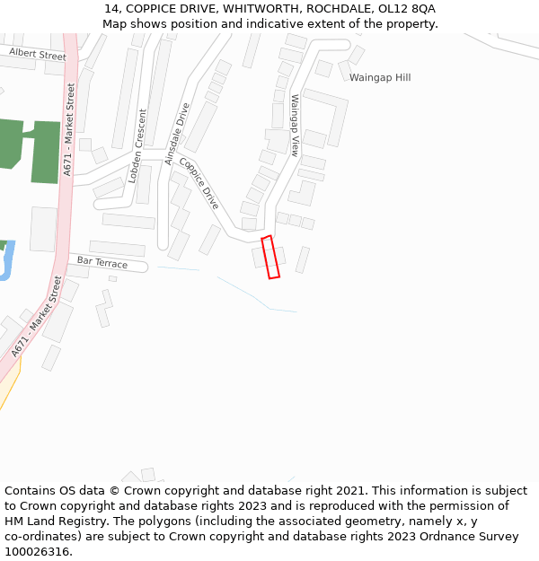 14, COPPICE DRIVE, WHITWORTH, ROCHDALE, OL12 8QA: Location map and indicative extent of plot
