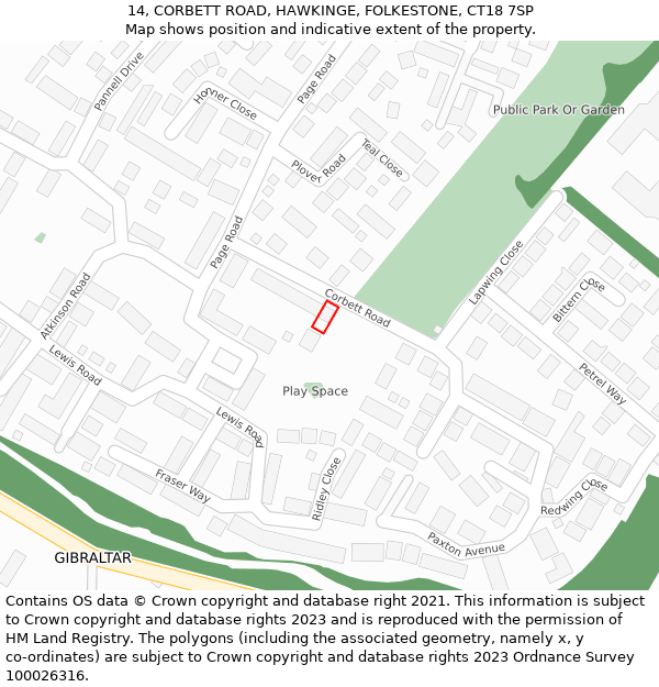 14, CORBETT ROAD, HAWKINGE, FOLKESTONE, CT18 7SP: Location map and indicative extent of plot