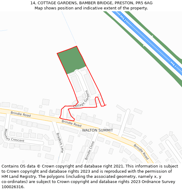 14, COTTAGE GARDENS, BAMBER BRIDGE, PRESTON, PR5 6AG: Location map and indicative extent of plot