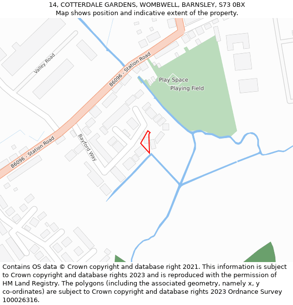 14, COTTERDALE GARDENS, WOMBWELL, BARNSLEY, S73 0BX: Location map and indicative extent of plot