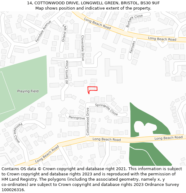 14, COTTONWOOD DRIVE, LONGWELL GREEN, BRISTOL, BS30 9UF: Location map and indicative extent of plot