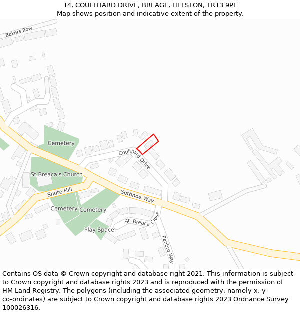 14, COULTHARD DRIVE, BREAGE, HELSTON, TR13 9PF: Location map and indicative extent of plot