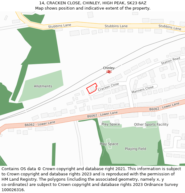 14, CRACKEN CLOSE, CHINLEY, HIGH PEAK, SK23 6AZ: Location map and indicative extent of plot