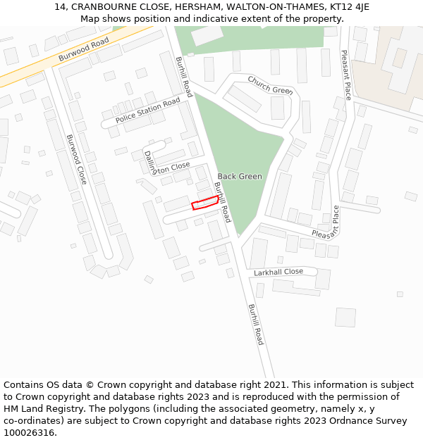 14, CRANBOURNE CLOSE, HERSHAM, WALTON-ON-THAMES, KT12 4JE: Location map and indicative extent of plot
