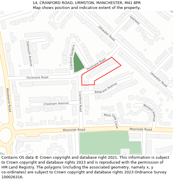 14, CRANFORD ROAD, URMSTON, MANCHESTER, M41 8PR: Location map and indicative extent of plot