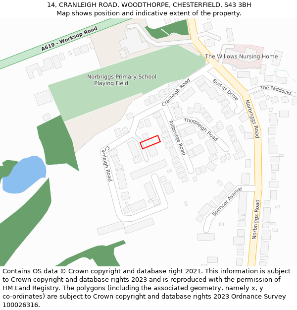 14, CRANLEIGH ROAD, WOODTHORPE, CHESTERFIELD, S43 3BH: Location map and indicative extent of plot