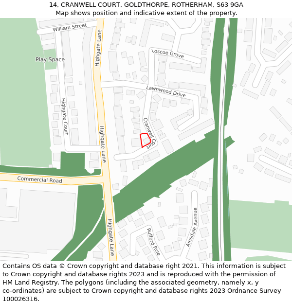 14, CRANWELL COURT, GOLDTHORPE, ROTHERHAM, S63 9GA: Location map and indicative extent of plot