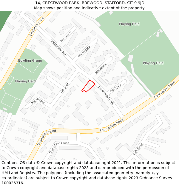 14, CRESTWOOD PARK, BREWOOD, STAFFORD, ST19 9JD: Location map and indicative extent of plot