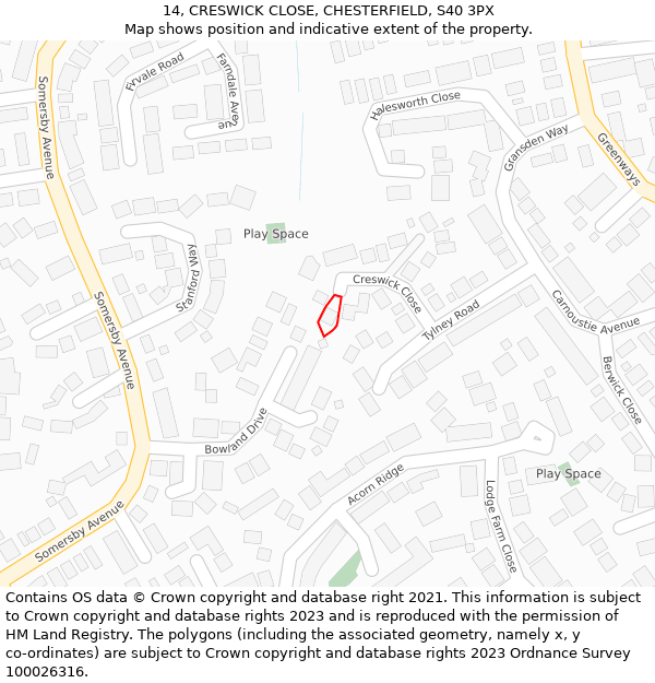 14, CRESWICK CLOSE, CHESTERFIELD, S40 3PX: Location map and indicative extent of plot