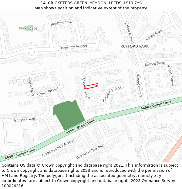 14, CRICKETERS GREEN, YEADON, LEEDS, LS19 7YS: Location map and indicative extent of plot