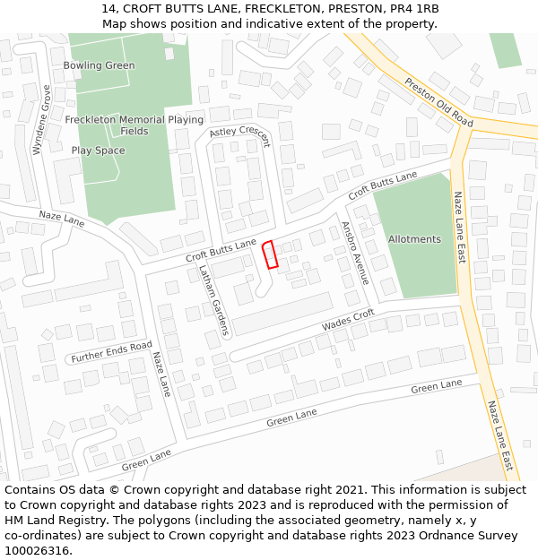 14, CROFT BUTTS LANE, FRECKLETON, PRESTON, PR4 1RB: Location map and indicative extent of plot