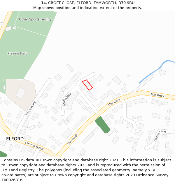 14, CROFT CLOSE, ELFORD, TAMWORTH, B79 9BU: Location map and indicative extent of plot