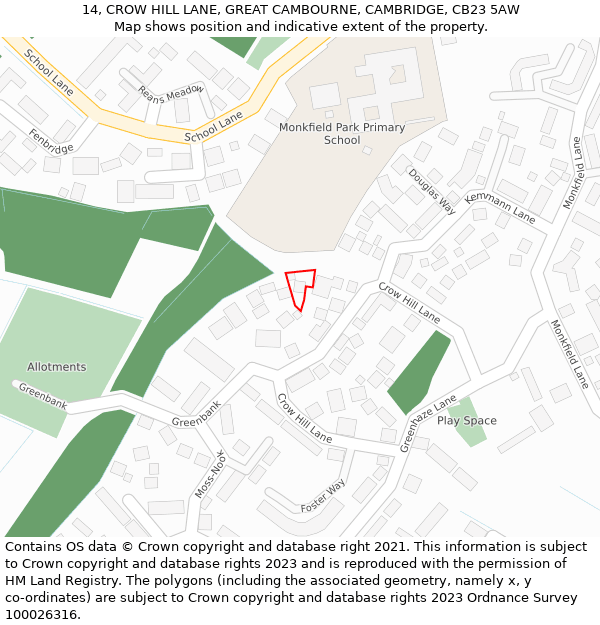 14, CROW HILL LANE, GREAT CAMBOURNE, CAMBRIDGE, CB23 5AW: Location map and indicative extent of plot