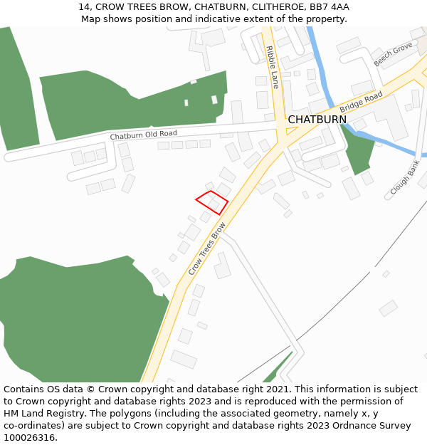 14, CROW TREES BROW, CHATBURN, CLITHEROE, BB7 4AA: Location map and indicative extent of plot