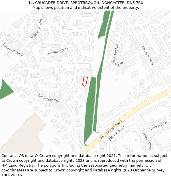 14, CRUSADER DRIVE, SPROTBROUGH, DONCASTER, DN5 7RX: Location map and indicative extent of plot