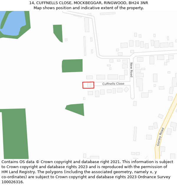 14, CUFFNELLS CLOSE, MOCKBEGGAR, RINGWOOD, BH24 3NR: Location map and indicative extent of plot