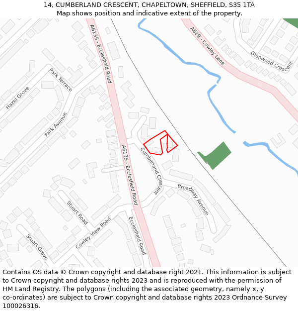 14, CUMBERLAND CRESCENT, CHAPELTOWN, SHEFFIELD, S35 1TA: Location map and indicative extent of plot