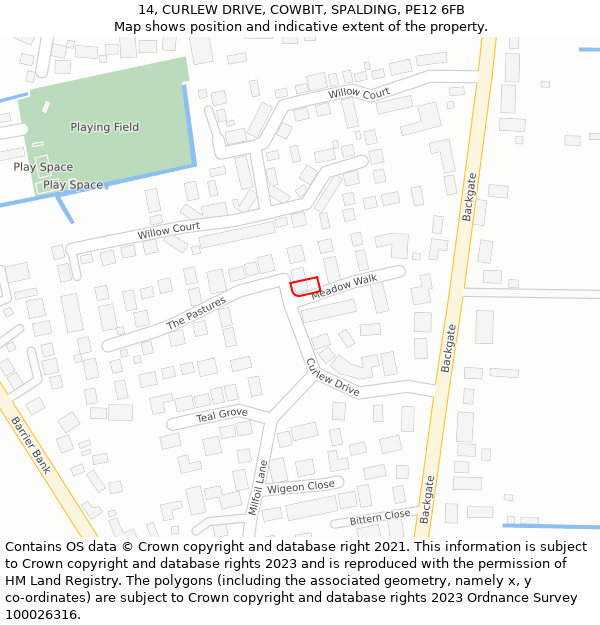 14, CURLEW DRIVE, COWBIT, SPALDING, PE12 6FB: Location map and indicative extent of plot