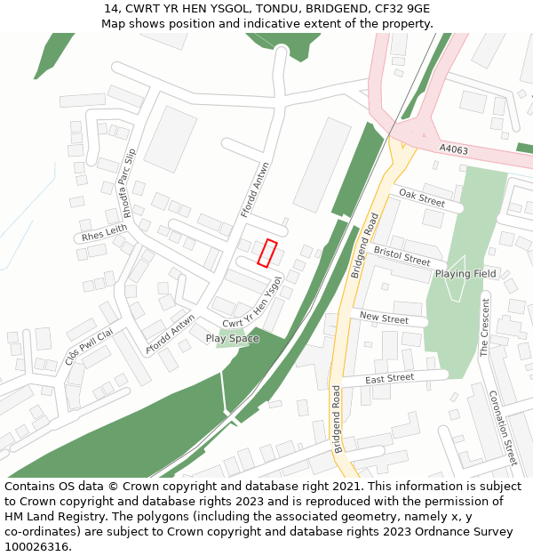 14, CWRT YR HEN YSGOL, TONDU, BRIDGEND, CF32 9GE: Location map and indicative extent of plot