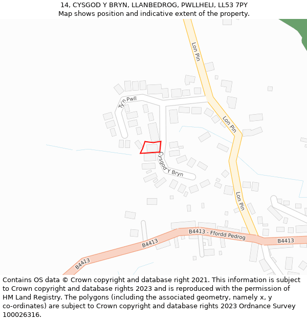 14, CYSGOD Y BRYN, LLANBEDROG, PWLLHELI, LL53 7PY: Location map and indicative extent of plot