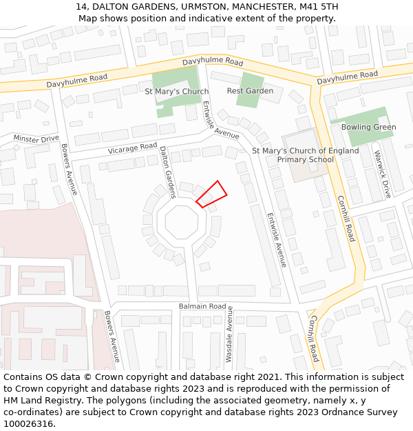 14, DALTON GARDENS, URMSTON, MANCHESTER, M41 5TH: Location map and indicative extent of plot