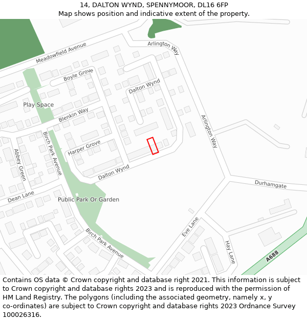 14, DALTON WYND, SPENNYMOOR, DL16 6FP: Location map and indicative extent of plot