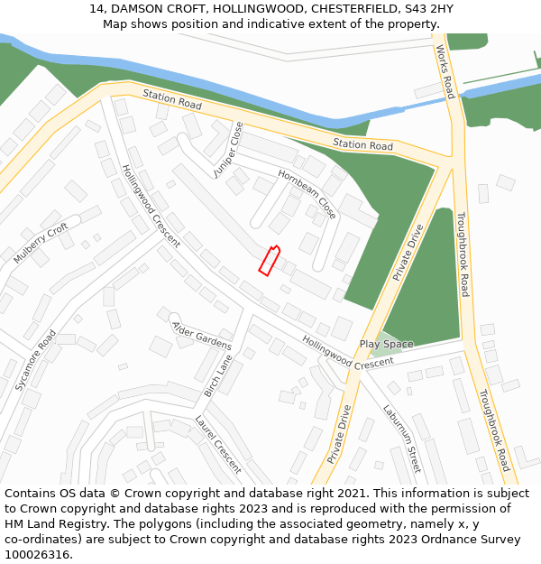 14, DAMSON CROFT, HOLLINGWOOD, CHESTERFIELD, S43 2HY: Location map and indicative extent of plot