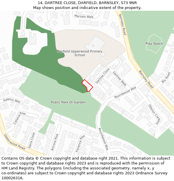 14, DARTREE CLOSE, DARFIELD, BARNSLEY, S73 9NR: Location map and indicative extent of plot