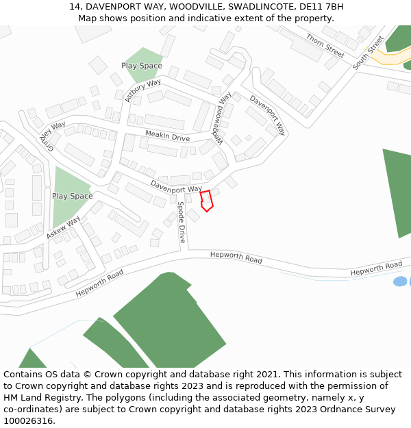 14, DAVENPORT WAY, WOODVILLE, SWADLINCOTE, DE11 7BH: Location map and indicative extent of plot