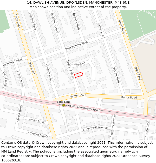 14, DAWLISH AVENUE, DROYLSDEN, MANCHESTER, M43 6NE: Location map and indicative extent of plot