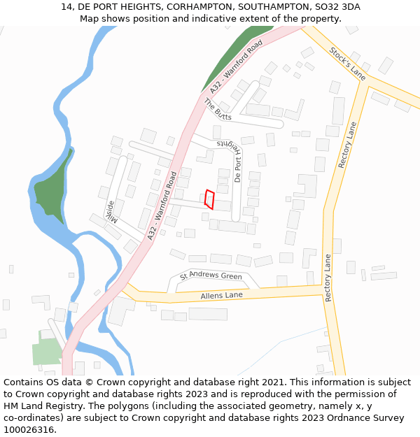 14, DE PORT HEIGHTS, CORHAMPTON, SOUTHAMPTON, SO32 3DA: Location map and indicative extent of plot