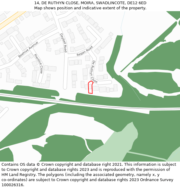 14, DE RUTHYN CLOSE, MOIRA, SWADLINCOTE, DE12 6ED: Location map and indicative extent of plot