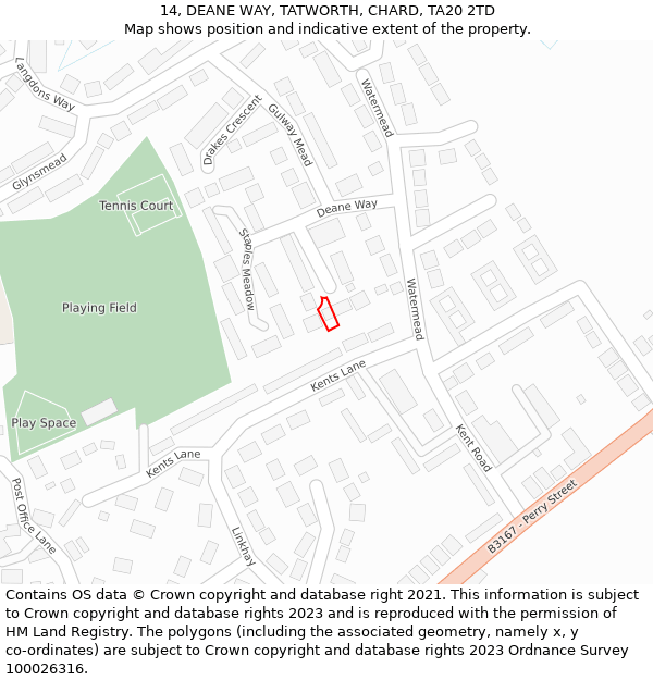 14, DEANE WAY, TATWORTH, CHARD, TA20 2TD: Location map and indicative extent of plot