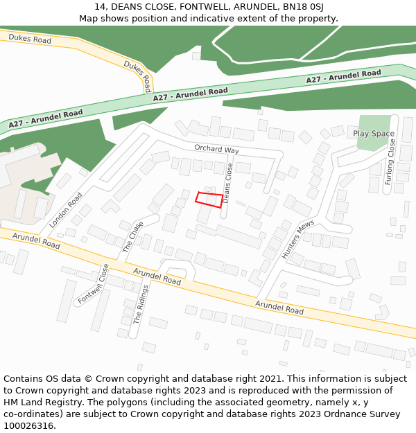 14, DEANS CLOSE, FONTWELL, ARUNDEL, BN18 0SJ: Location map and indicative extent of plot