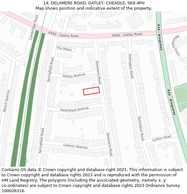 14, DELAMERE ROAD, GATLEY, CHEADLE, SK8 4PH: Location map and indicative extent of plot