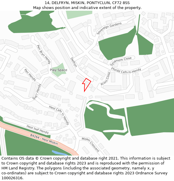 14, DELFRYN, MISKIN, PONTYCLUN, CF72 8SS: Location map and indicative extent of plot