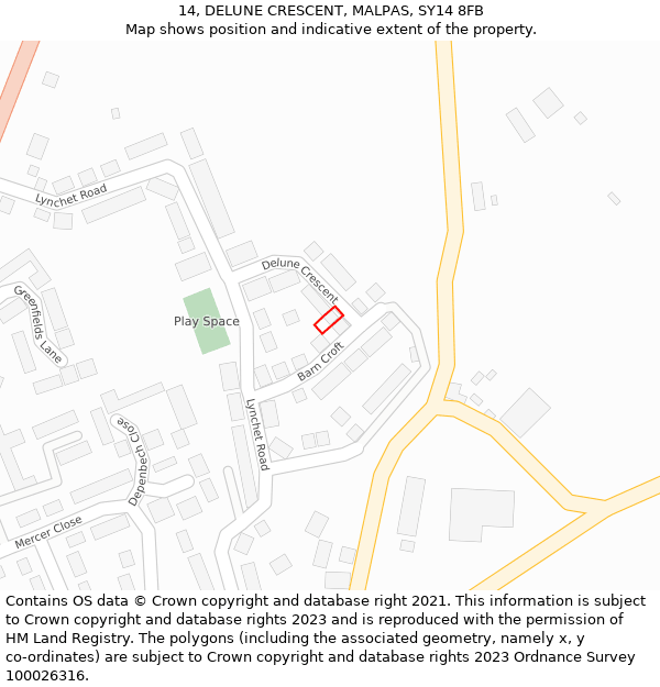 14, DELUNE CRESCENT, MALPAS, SY14 8FB: Location map and indicative extent of plot