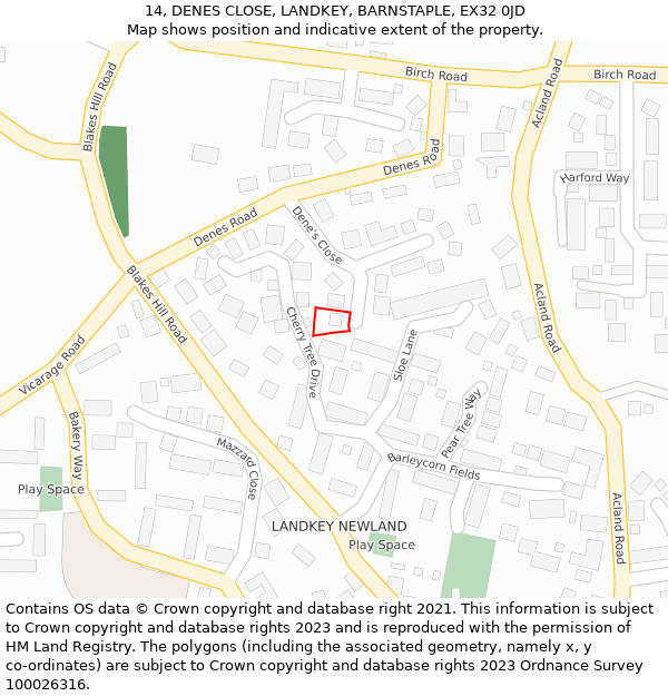 14, DENES CLOSE, LANDKEY, BARNSTAPLE, EX32 0JD: Location map and indicative extent of plot