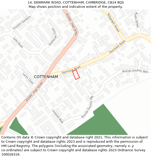14, DENMARK ROAD, COTTENHAM, CAMBRIDGE, CB24 8QS: Location map and indicative extent of plot