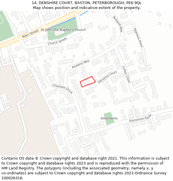 14, DENSHIRE COURT, BASTON, PETERBOROUGH, PE6 9QL: Location map and indicative extent of plot
