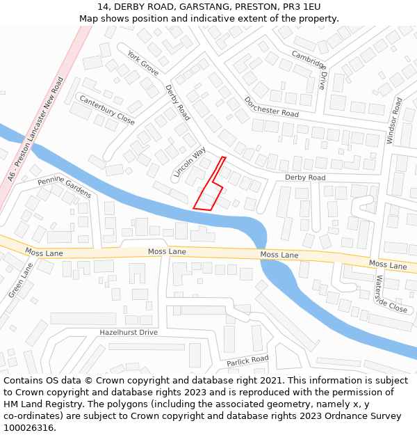 14, DERBY ROAD, GARSTANG, PRESTON, PR3 1EU: Location map and indicative extent of plot
