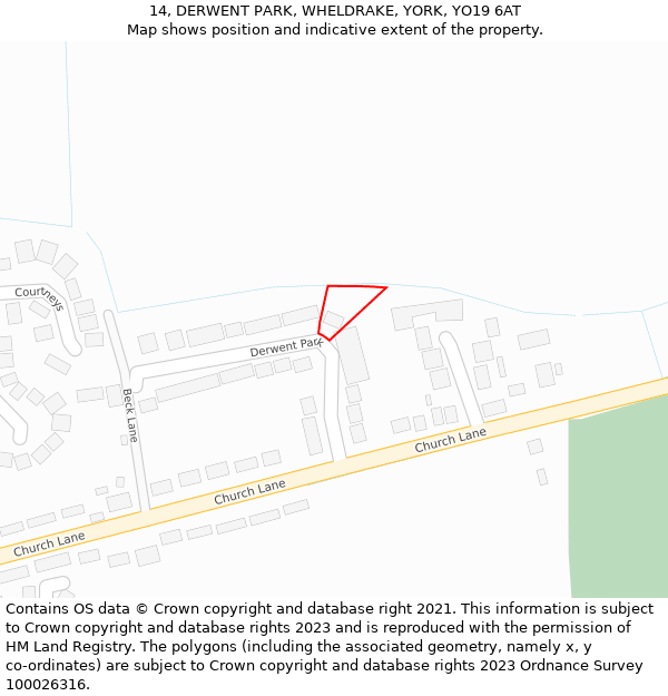 14, DERWENT PARK, WHELDRAKE, YORK, YO19 6AT: Location map and indicative extent of plot