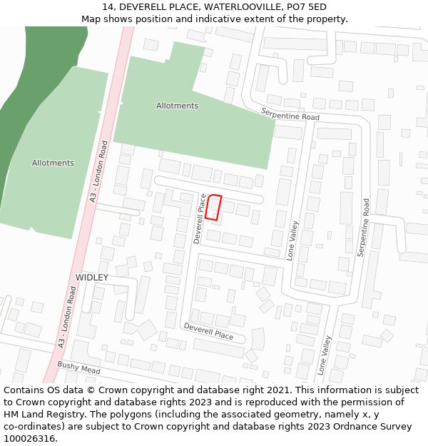 14, DEVERELL PLACE, WATERLOOVILLE, PO7 5ED: Location map and indicative extent of plot