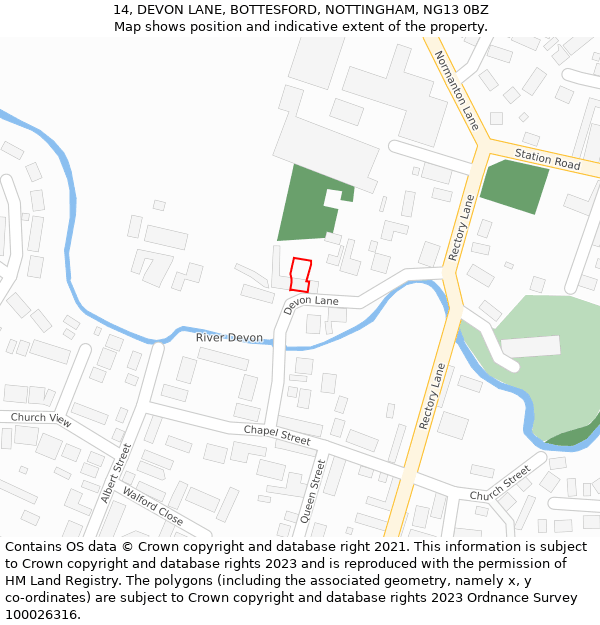 14, DEVON LANE, BOTTESFORD, NOTTINGHAM, NG13 0BZ: Location map and indicative extent of plot